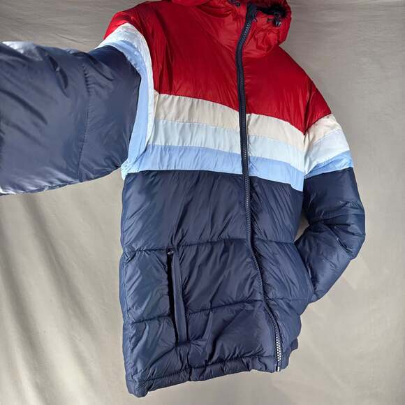 Retro Style Goodfellow & Co Men's Colorblock Striped Puffer Jacket with Hood Siz - Picture 3 of 8